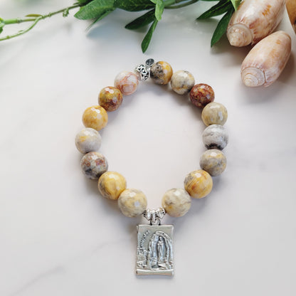 Crazy Lace Agate Faceted 12mm Beaded Bracelet w/ Silver Plated Bas Relief Metal of Our Lady of Lourdes