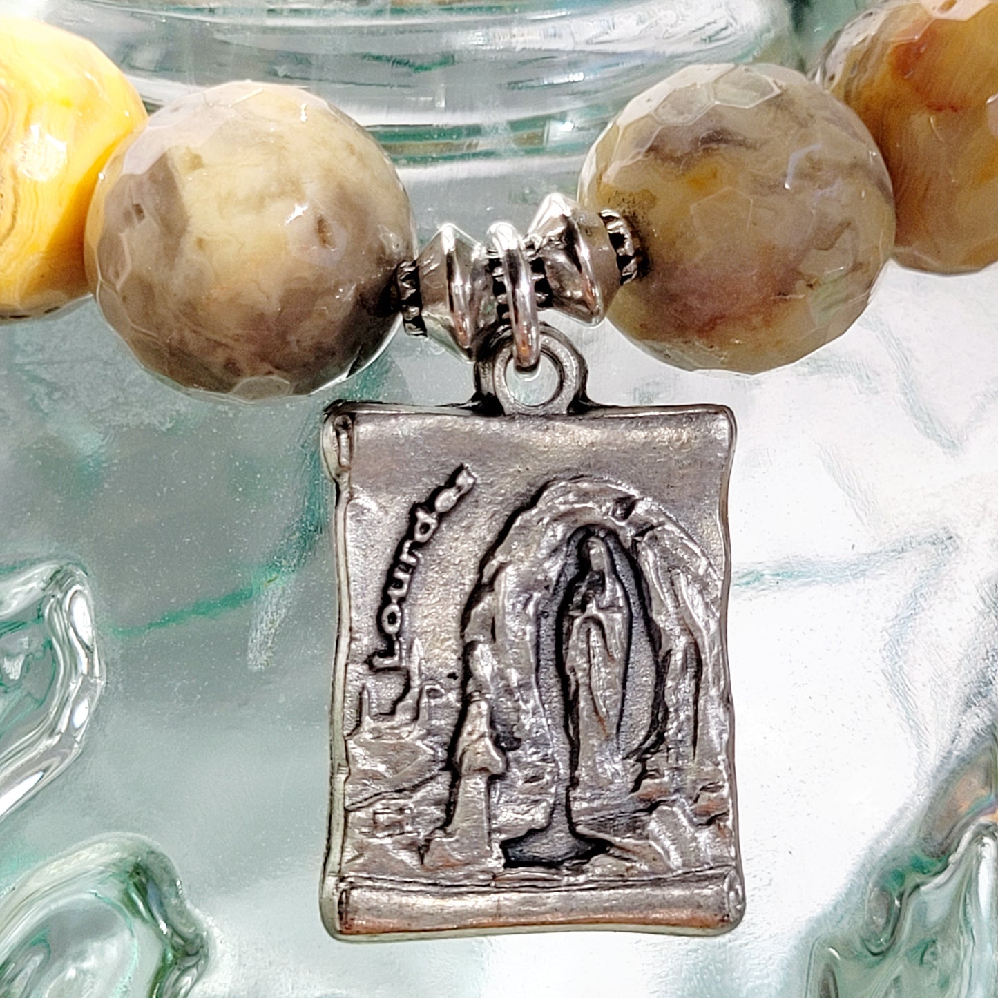 Crazy Lace Agate Faceted 12mm Beaded Bracelet w/ Silver Plated Bas Relief Metal of Our Lady of Lourdes