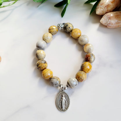 Crazy Lace Agate Faceted 12mm Beaded Bracelet w/ Miraculous Medal Silver Plated from France