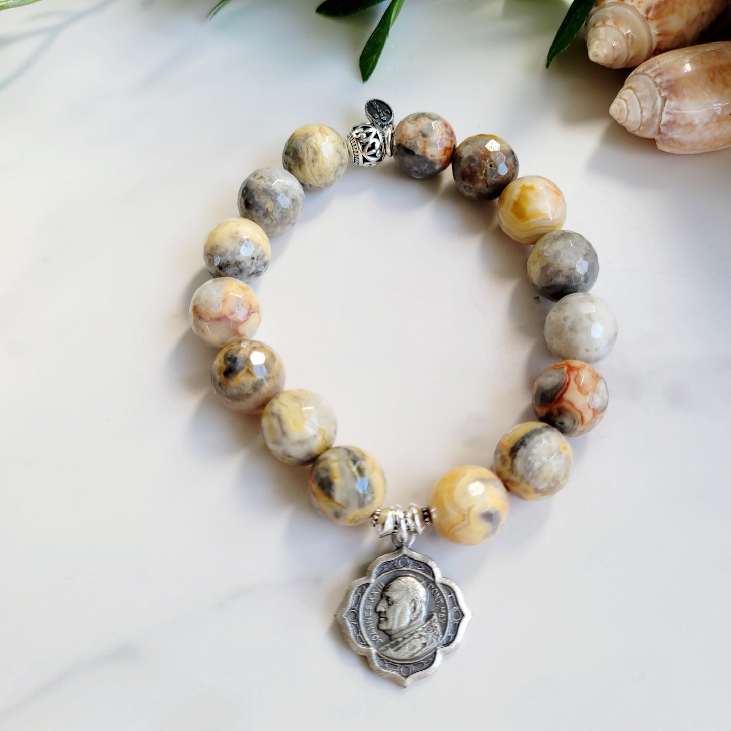 Crazy Lace Agate Faceted 12mm Beaded Bracelet w/ Pope John XXIII Silver Plated Medal