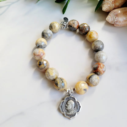 Crazy Lace Agate Faceted 12mm Beaded Bracelet w/ Pope John XXIII Silver Plated Medal