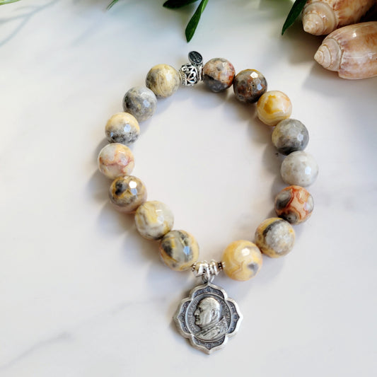 Crazy Lace Agate Faceted 12mm Beaded Bracelet w/ Pope John XXIII Silver Plated Medal