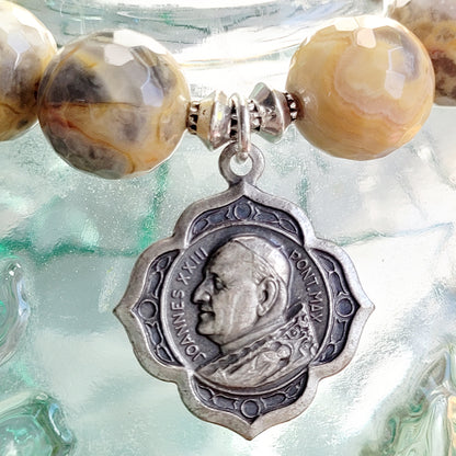 Crazy Lace Agate Faceted 12mm Beaded Bracelet w/ Pope John XXIII Silver Plated Medal