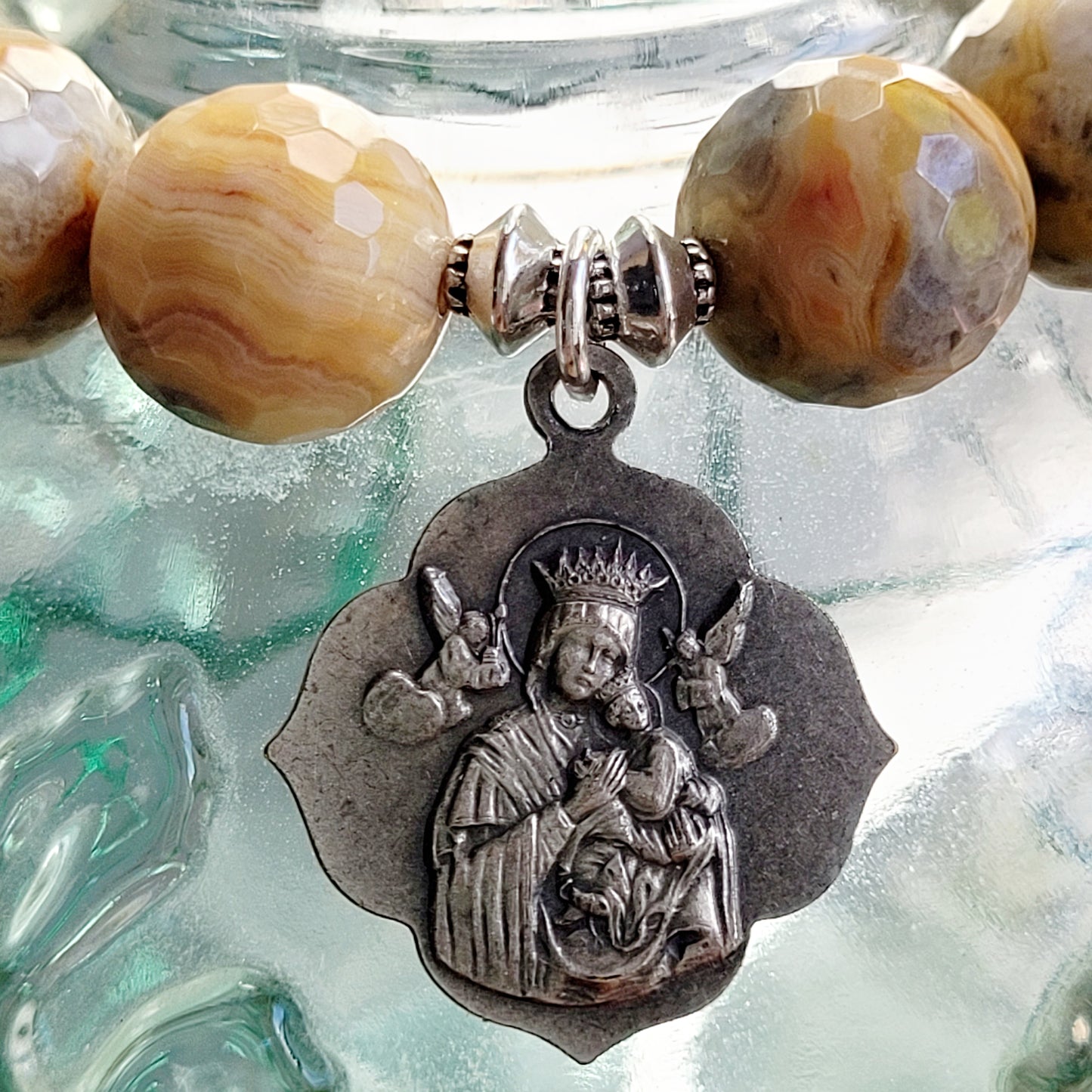 Crazy Lace Agate Faceted 12mm Beaded Bracelet w/ Pope John XXIII Silver Plated Medal