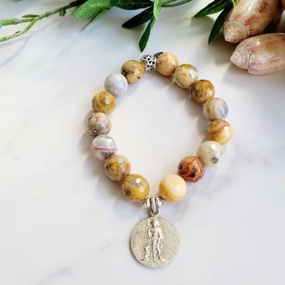 Crazy Lace Agate Faceted 12mm Beaded Bracelet w/ St. Anthony of Padua from France Silver Plated Medal