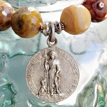 Crazy Lace Agate Faceted 12mm Beaded Bracelet w/ St. Anthony of Padua from France Silver Plated Medal