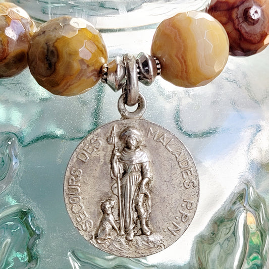 Crazy Lace Agate Faceted 12mm Beaded Bracelet w/ St. Anthony of Padua from France Silver Plated Medal
