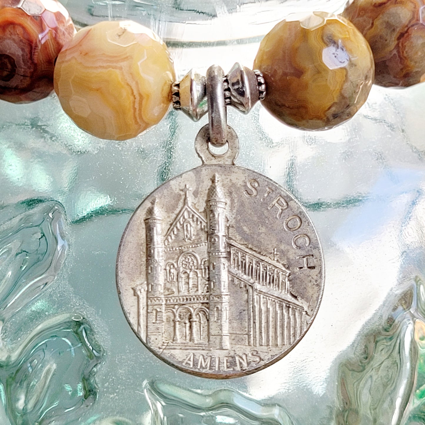 Crazy Lace Agate Faceted 12mm Beaded Bracelet w/ St. Anthony of Padua from France Silver Plated Medal