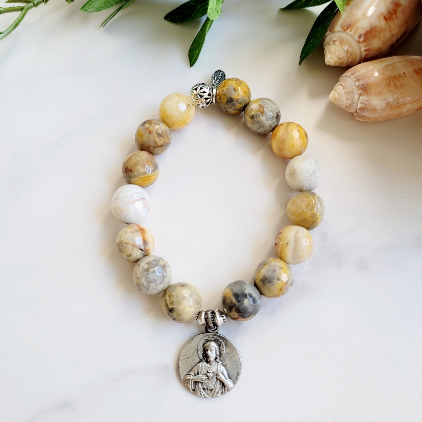 Crazy Lace Agate Faceted 12mm Beaded Bracelet w/ Signed Silver Plated Medal of Jesus from France
