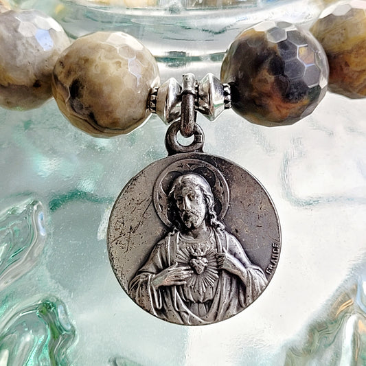 Crazy Lace Agate Faceted 12mm Beaded Bracelet w/ Signed Silver Plated Medal of Jesus from France