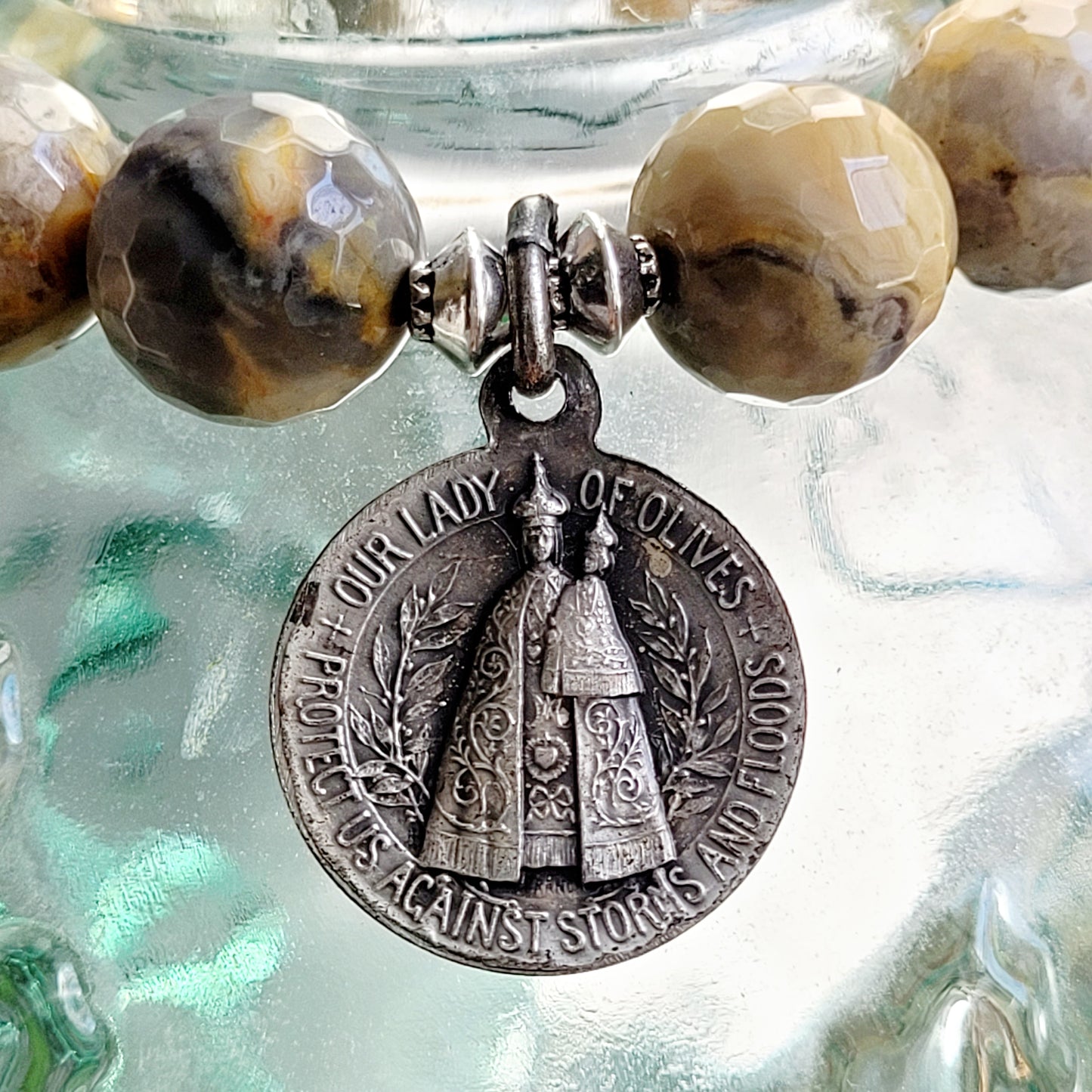 Crazy Lace Agate Faceted 12mm Beaded Bracelet w/ Signed Silver Plated Medal of Jesus from France