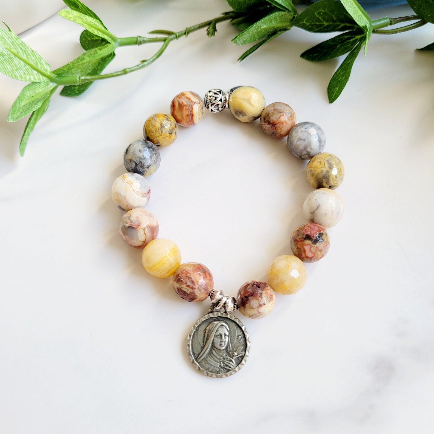 Crazy Lace Agate Faceted 12mm Beaded Bracelet w/ Signed Silver Plated Medal of St. Therese of Lisieux from France