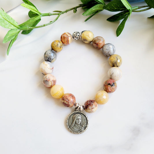 Crazy Lace Agate Faceted 12mm Beaded Bracelet w/ Signed Silver Plated Medal of St. Therese of Lisieux from France