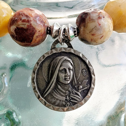 Crazy Lace Agate Faceted 12mm Beaded Bracelet w/ Signed Silver Plated Medal of St. Therese of Lisieux from France