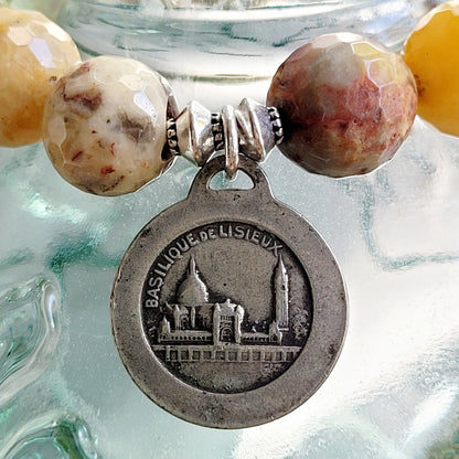 Crazy Lace Agate Faceted 12mm Beaded Bracelet w/ Signed Silver Plated Medal of St. Therese of Lisieux from France