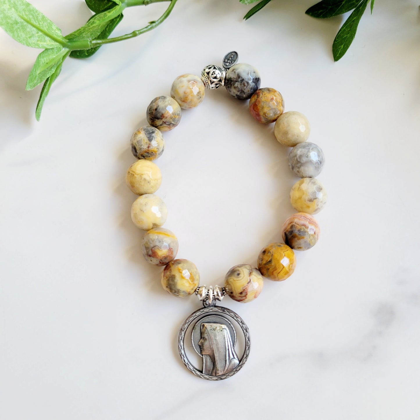 Crazy Lace Agate Faceted 12mm Beaded Bracelet w/ Silver Plated Signed Medal of Our Lady of Lourdes from Italy