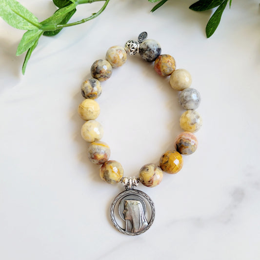 Crazy Lace Agate Faceted 12mm Beaded Bracelet w/ Silver Plated Signed Medal of Our Lady of Lourdes from Italy