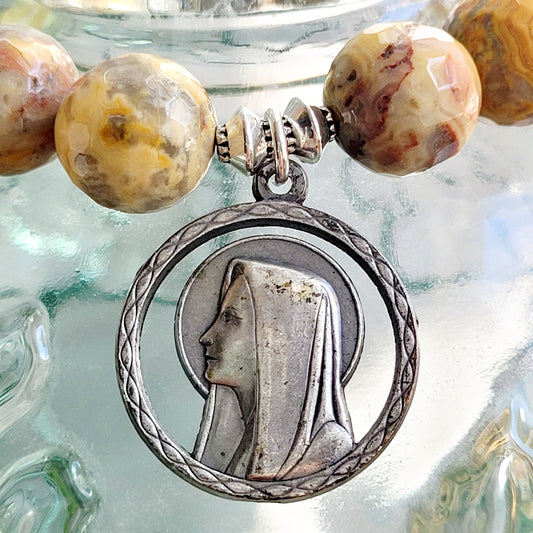 Crazy Lace Agate Faceted 12mm Beaded Bracelet w/ Silver Plated Signed Medal of Our Lady of Lourdes from Italy