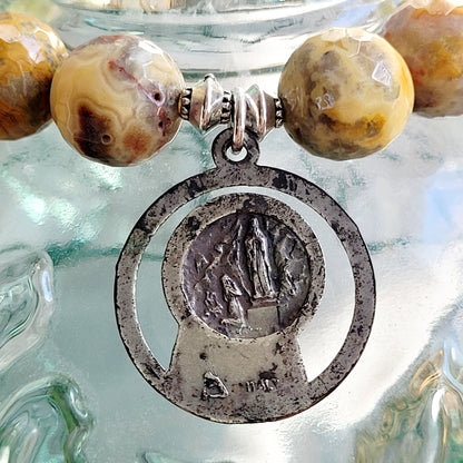 Crazy Lace Agate Faceted 12mm Beaded Bracelet w/ Silver Plated Signed Medal of Our Lady of Lourdes from Italy