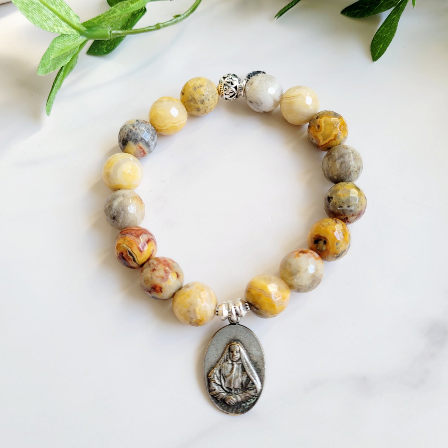 Crazy Lace Agate Faceted 12mm Beaded Bracelet w/ Silver Plated Medal of Mother Frances Xavier Cabrini