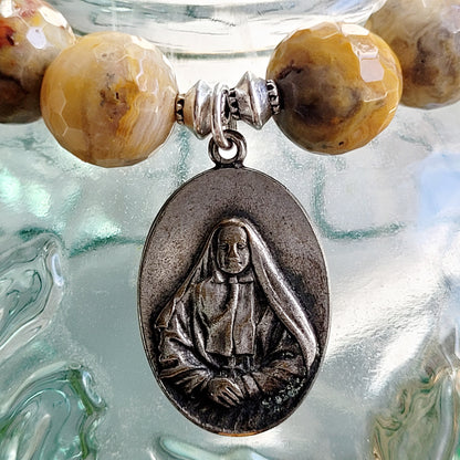Crazy Lace Agate Faceted 12mm Beaded Bracelet w/ Silver Plated Medal of Mother Frances Xavier Cabrini