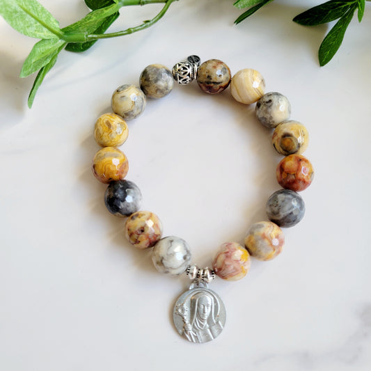 Crazy Lace Agate Faceted 12mm Beaded Bracelet w/ Signed Silver Medal of St. Odile from France
