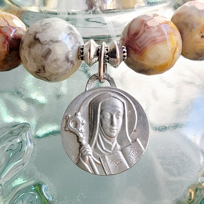 Crazy Lace Agate Faceted 12mm Beaded Bracelet w/ Signed Silver Medal of St. Odile from France