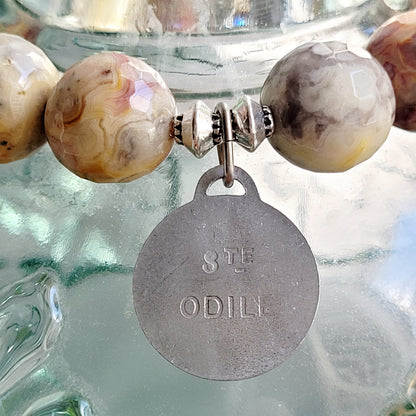 Crazy Lace Agate Faceted 12mm Beaded Bracelet w/ Signed Silver Medal of St. Odile from France
