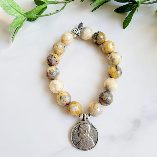 Crazy Lace Agate Faceted 12mm Beaded Bracelet w/ Pope Pius XII PM Silver Plated Medal