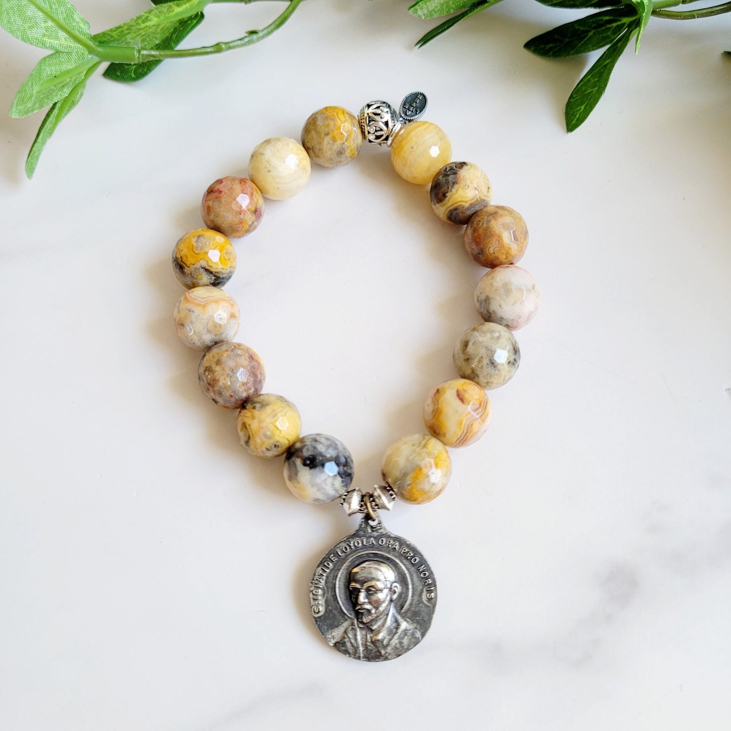 Crazy Lace Agate Faceted 12mm Beaded Bracelet w/ Silver Plated Medal of St. Ignatius of Loyola