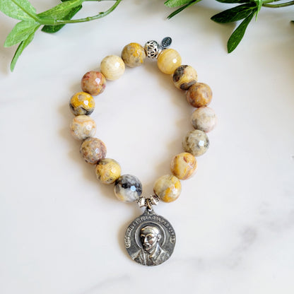Crazy Lace Agate Faceted 12mm Beaded Bracelet w/ Silver Plated Medal of St. Ignatius of Loyola