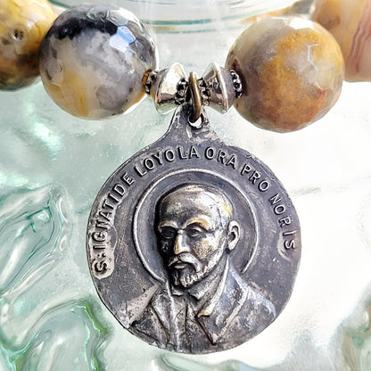 Crazy Lace Agate Faceted 12mm Beaded Bracelet w/ Silver Plated Medal of St. Ignatius of Loyola