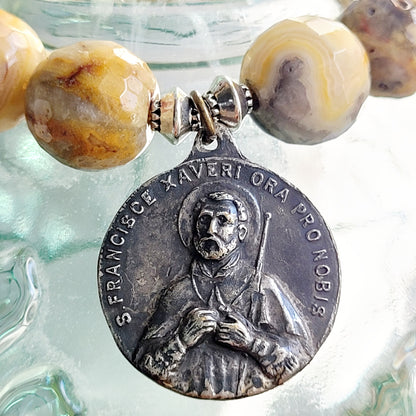 Crazy Lace Agate Faceted 12mm Beaded Bracelet w/ Silver Plated Medal of St. Ignatius of Loyola