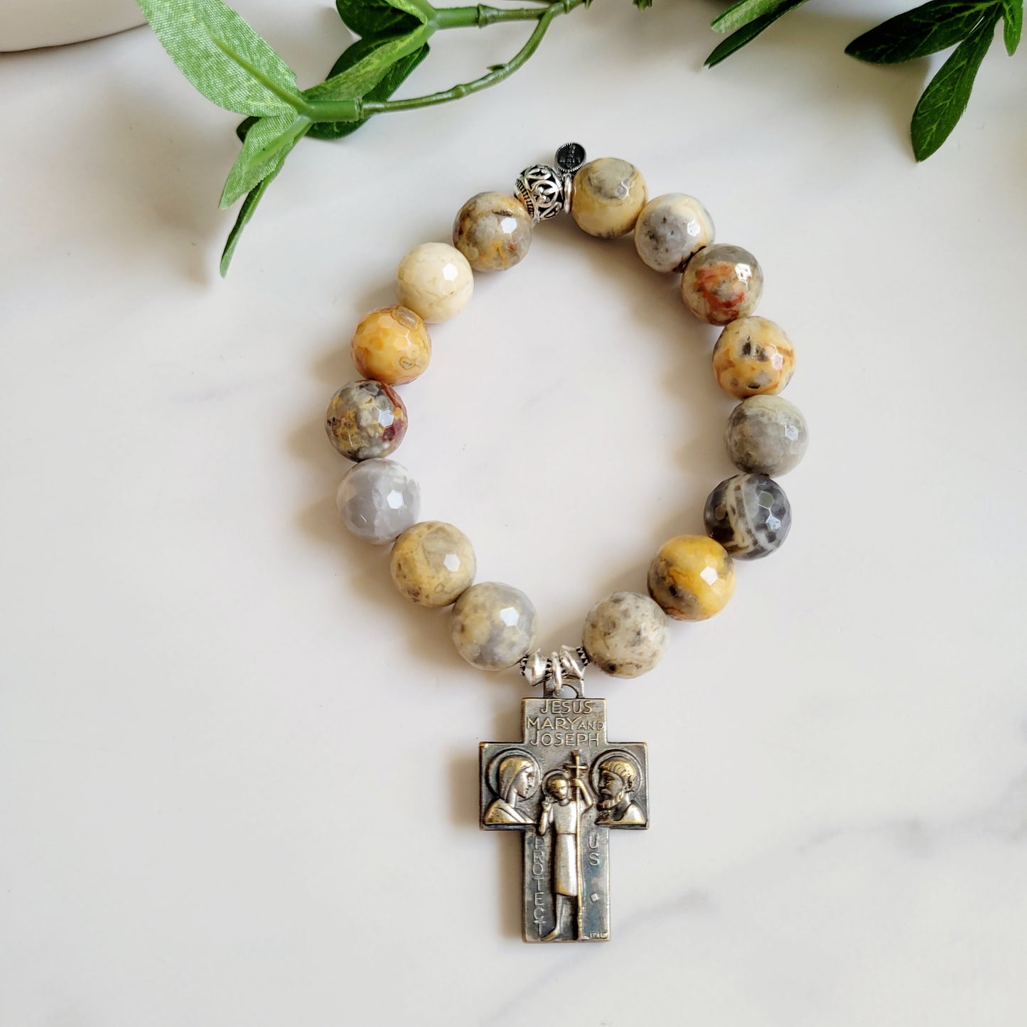 Crazy Lace Agate Faceted 12mm Beaded Bracelet w/ Large Bronze Holy Family Cross