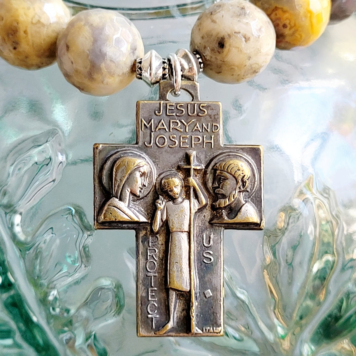 Crazy Lace Agate Faceted 12mm Beaded Bracelet w/ Large Bronze Holy Family Cross