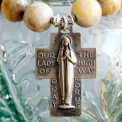Crazy Lace Agate Faceted 12mm Beaded Bracelet w/ Large Bronze Holy Family Cross