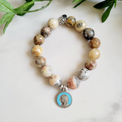 Crazy Lace Agate Faceted 12mm Beaded Bracelet w/ Vintage Blue Enamel Silver Medal of The Virgin Mary from France