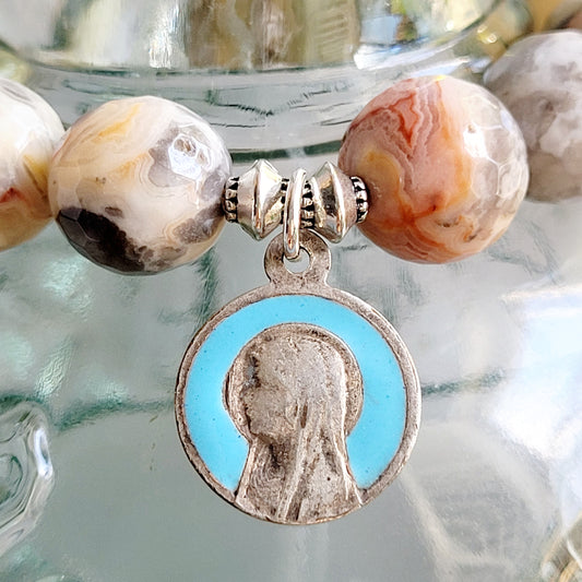Crazy Lace Agate Faceted 12mm Beaded Bracelet w/ Vintage Blue Enamel Silver Medal of The Virgin Mary from France