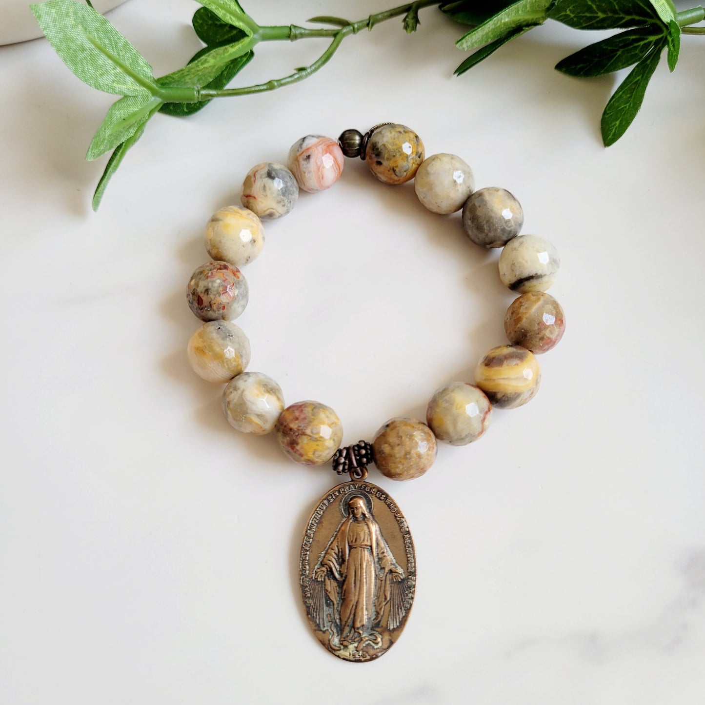 Crazy Lace Agate Faceted 12mm Beaded Bracelet w/ Large Bronze Oval Miraculous Medal of Mary from Italy