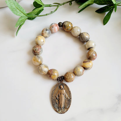 Crazy Lace Agate Faceted 12mm Beaded Bracelet w/ Large Bronze Oval Miraculous Medal of Mary from Italy