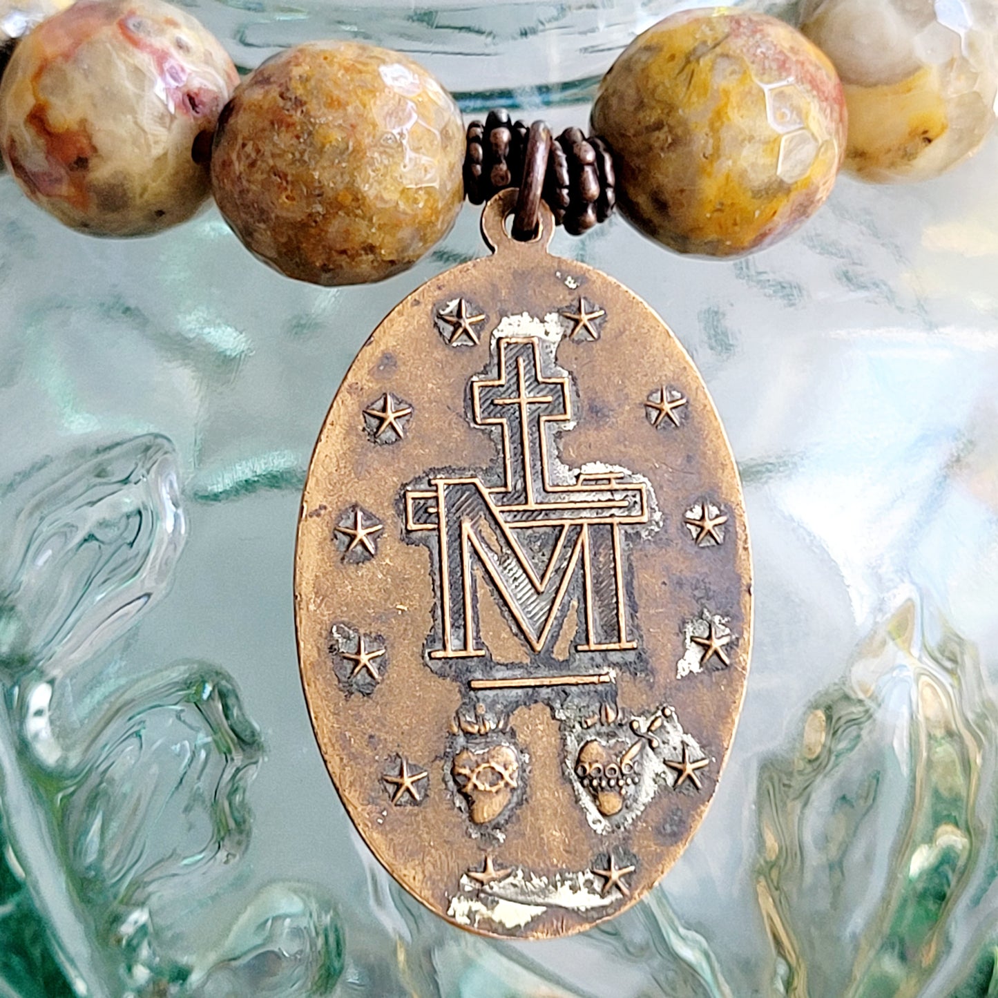 Crazy Lace Agate Faceted 12mm Beaded Bracelet w/ Large Bronze Oval Miraculous Medal of Mary from Italy