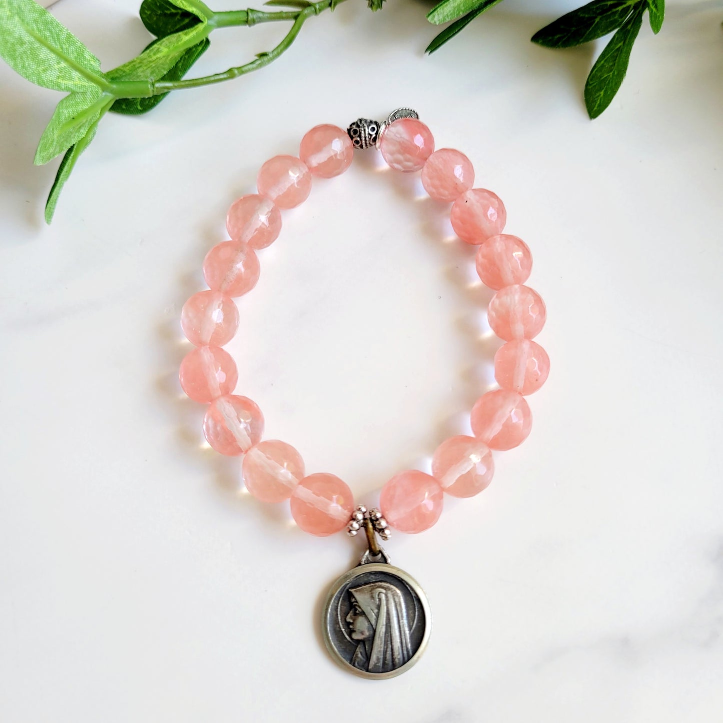 Cherry Quartz Faceted 10mm Beaded Bracelet w/ Our Lady of Lourdes from France Vintage Silver Medal