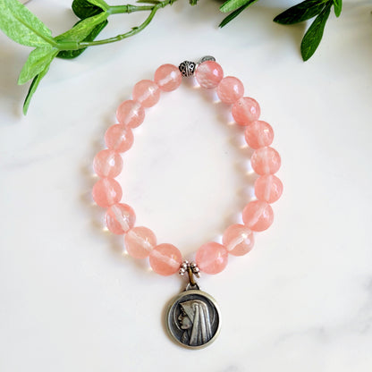 Cherry Quartz Faceted 10mm Beaded Bracelet w/ Our Lady of Lourdes from France Vintage Silver Medal