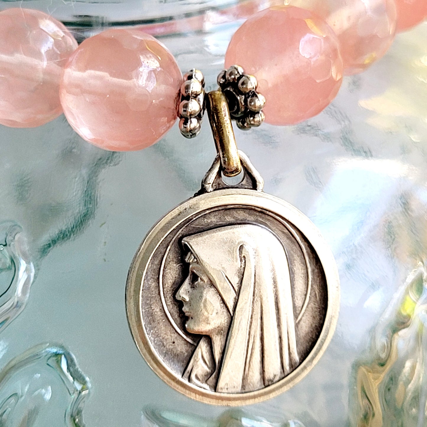 Cherry Quartz Faceted 10mm Beaded Bracelet w/ Our Lady of Lourdes from France Vintage Silver Medal
