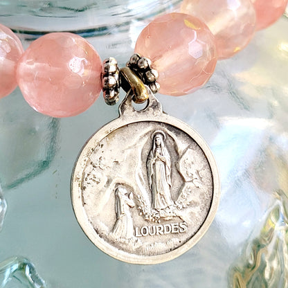 Cherry Quartz Faceted 10mm Beaded Bracelet w/ Our Lady of Lourdes from France Vintage Silver Medal
