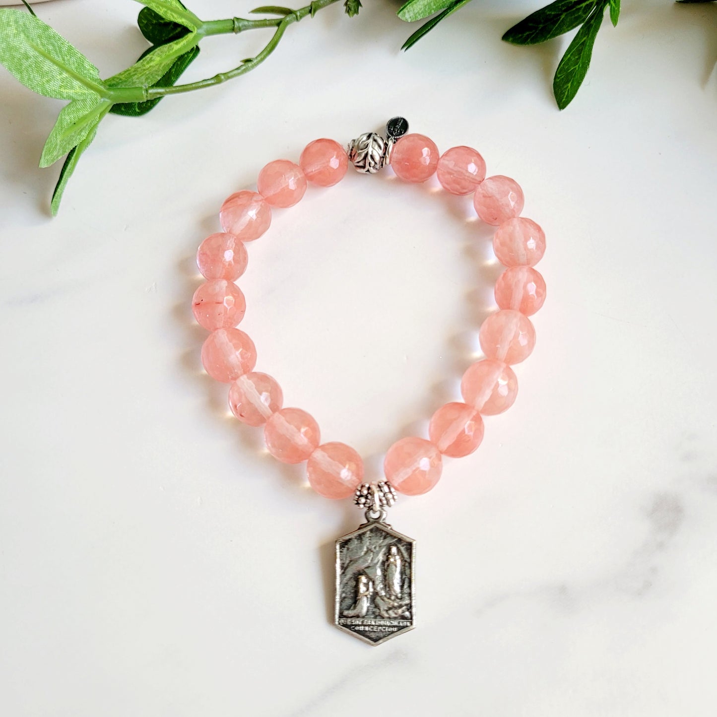 Cherry Quartz Faceted 10mm Beaded Bracelet w/ A Silver Medal from Lourdes France