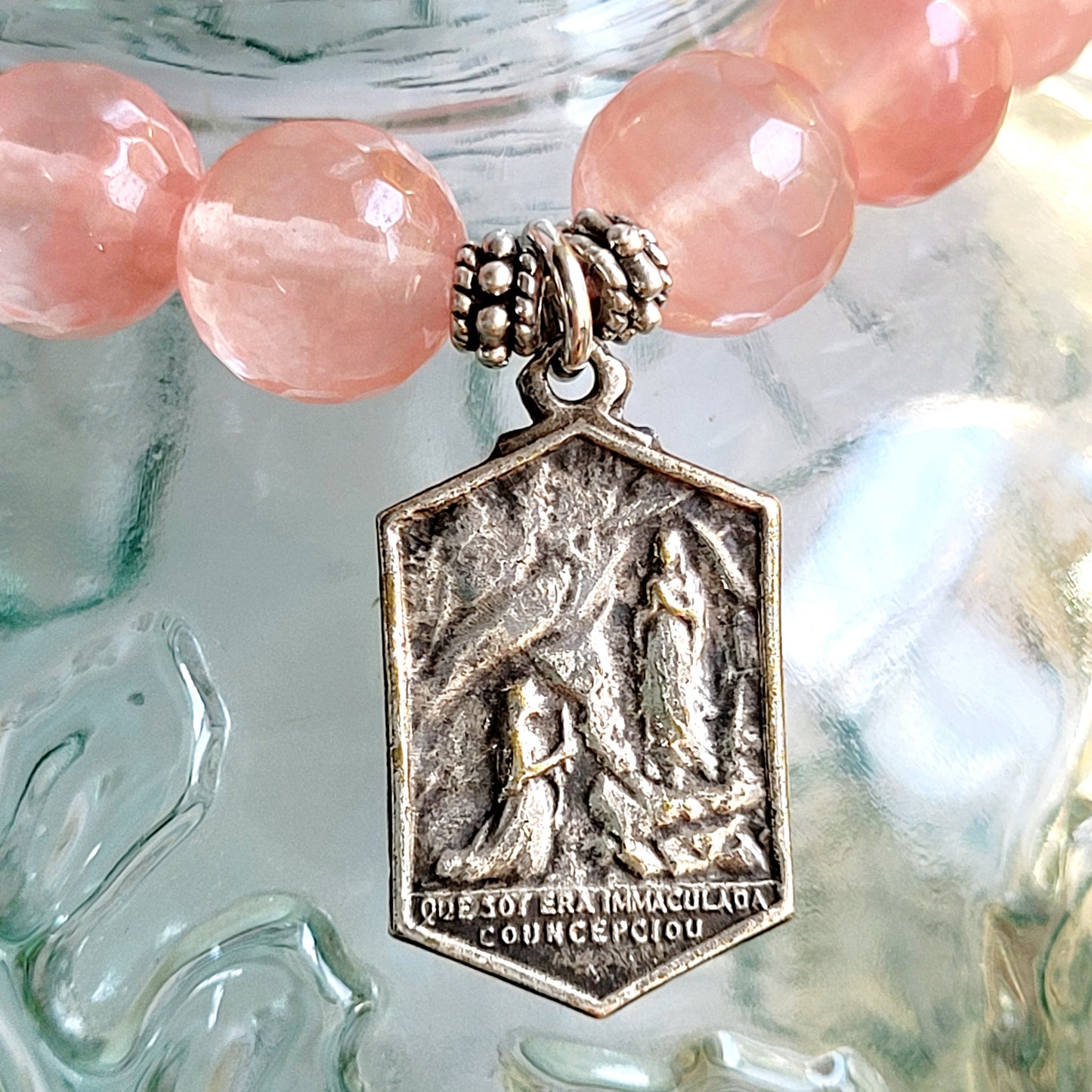 Cherry Quartz Faceted 10mm Beaded Bracelet w/ A Silver Medal from Lourdes France