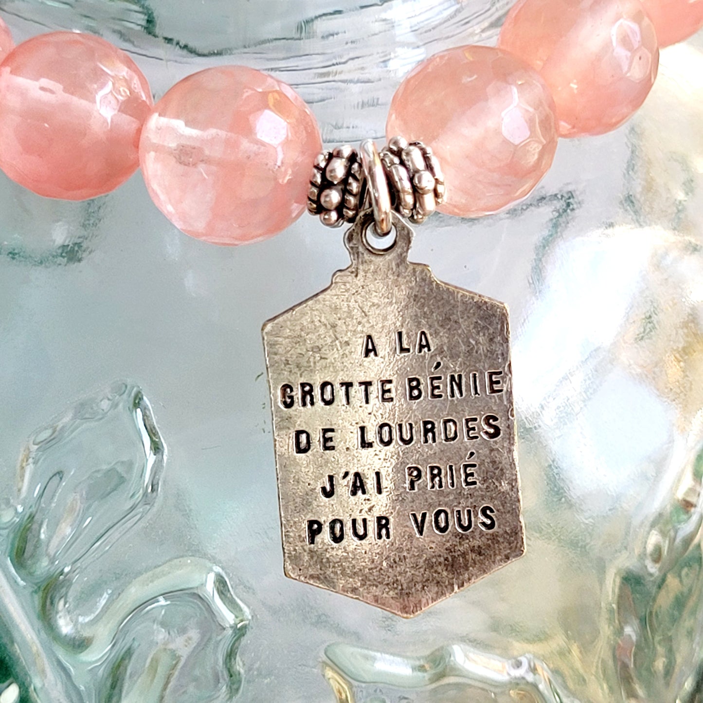 Cherry Quartz Faceted 10mm Beaded Bracelet w/ A Silver Medal from Lourdes France
