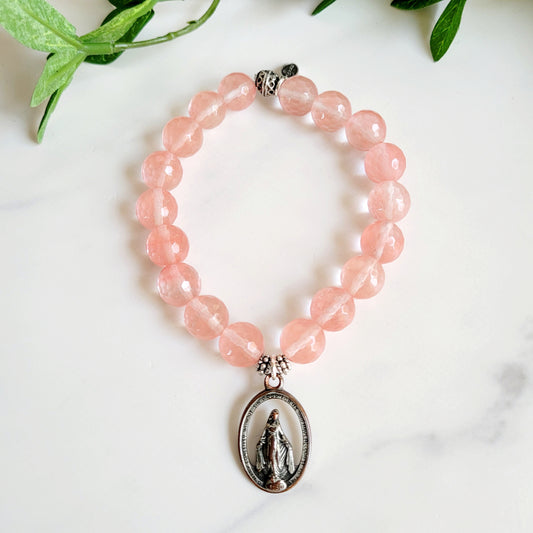 Cherry Quartz Faceted 10mm Beaded Bracelet w/ A Openwork Silver Miraculous Medal