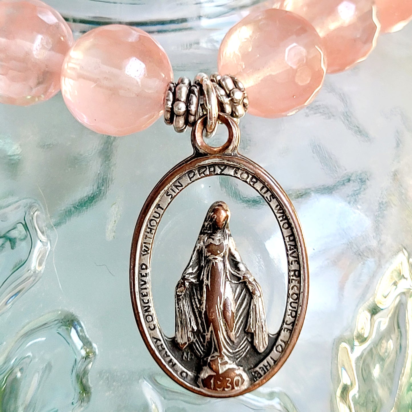 Cherry Quartz Faceted 10mm Beaded Bracelet w/ A Openwork Silver Miraculous Medal